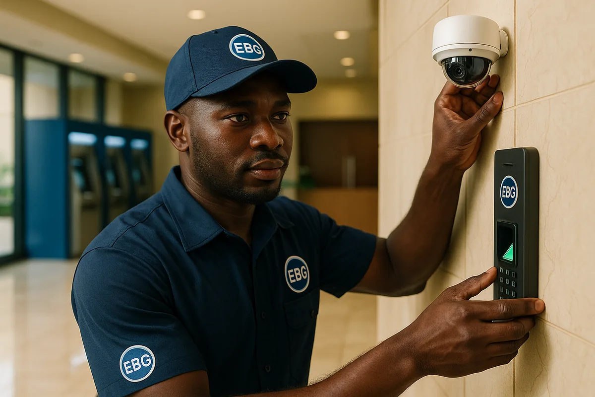 Elembo technician installing CCTV and access control in a bank branch