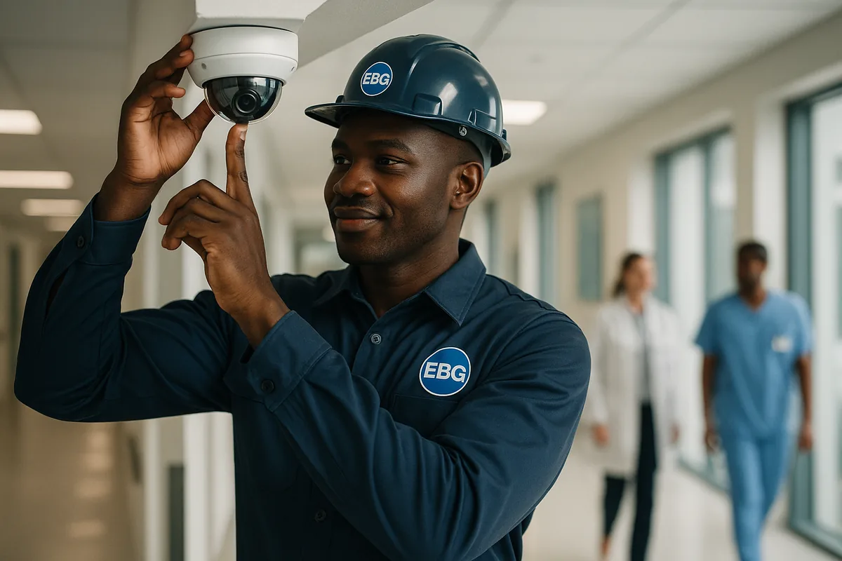 Elembo technician installing surveillance in a hospital corridor