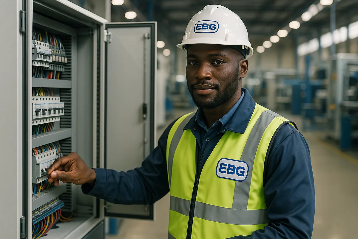 Elembo technician on an industrial automation control panel
