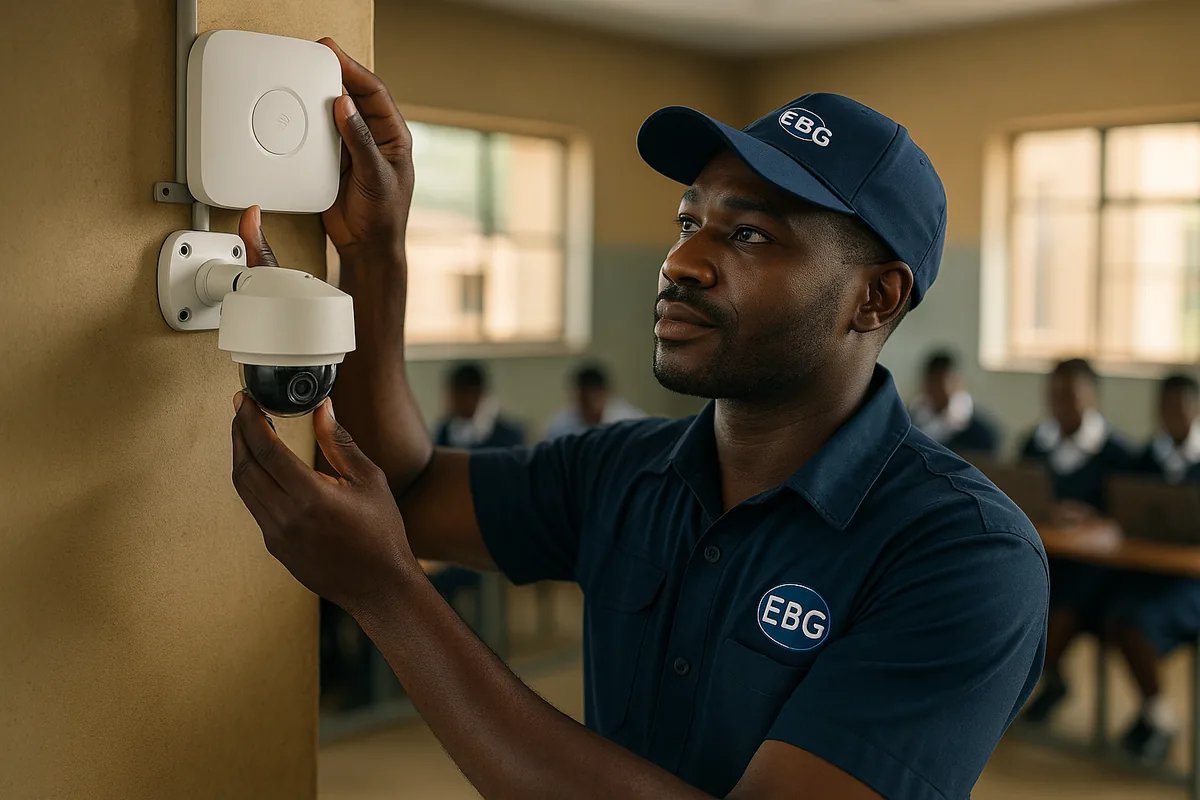Elembo technician installing Wi-Fi and CCTV in a school